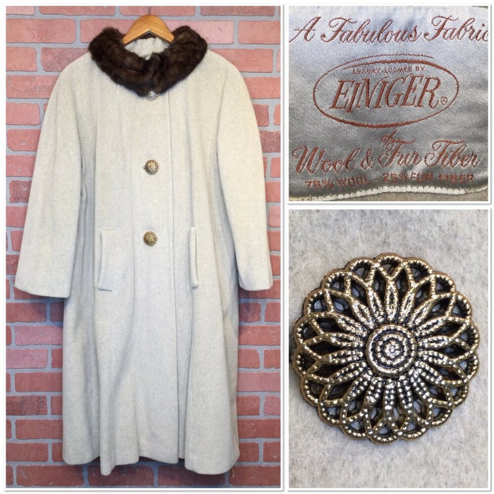 Vintage Einiger Wool Swing Coat Removable Fur Collar Old Money Church Classic